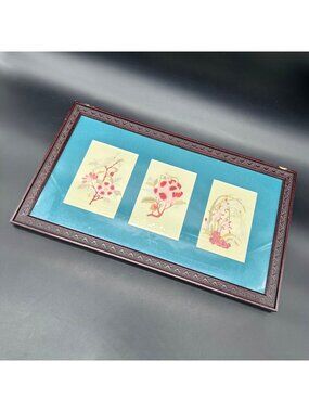 Vintage Wall Hanging Hand Cut Chinese Floral Insect Art Trio Framed Art 1990s